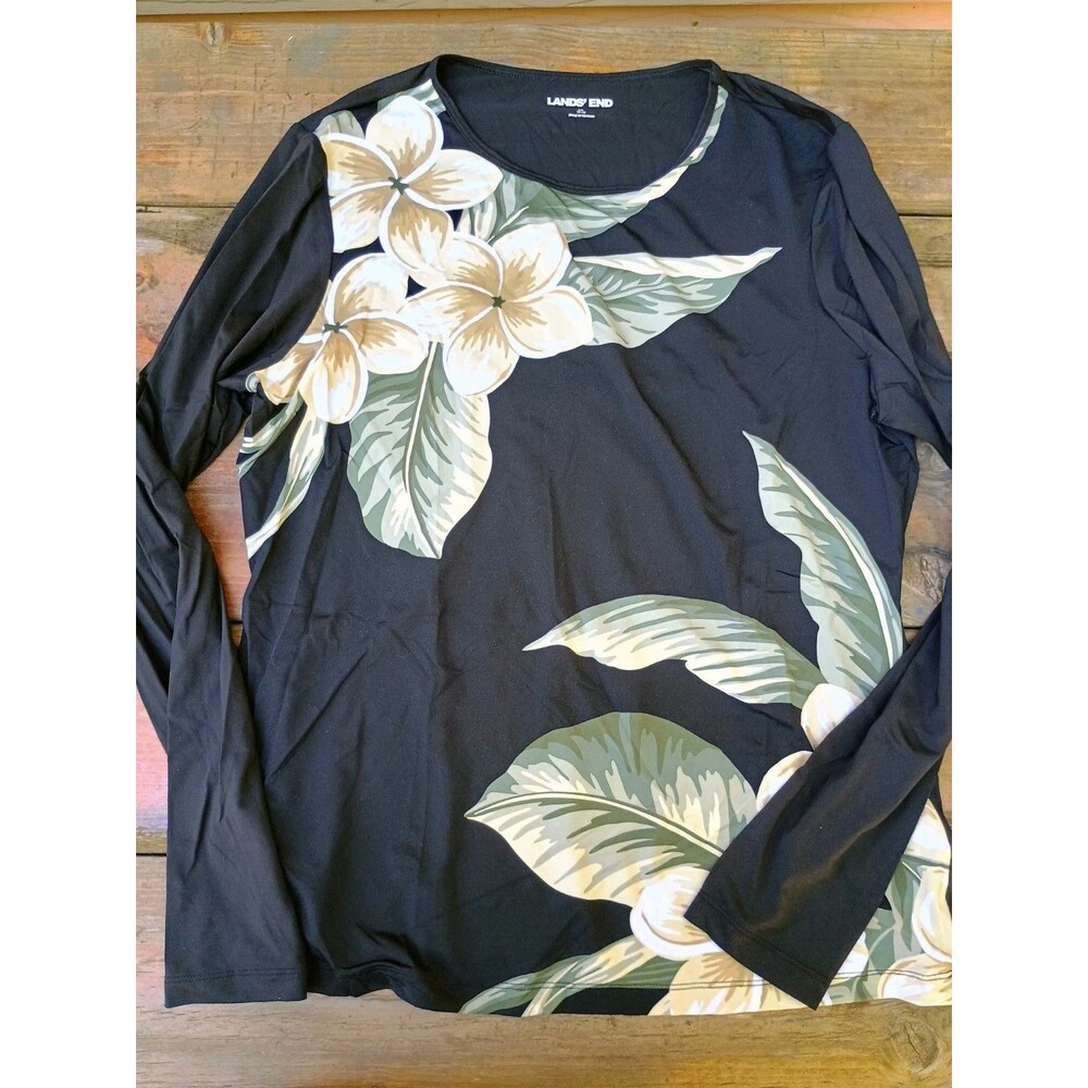Lands End Women's Medium Long Sleeve Black Floral Rashguard